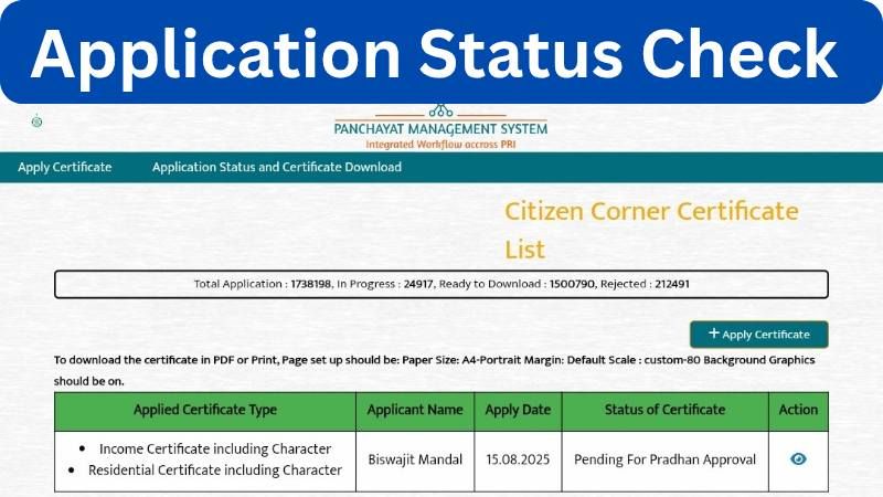 WBPMS Gram Panchayat income certificate Application Status Check